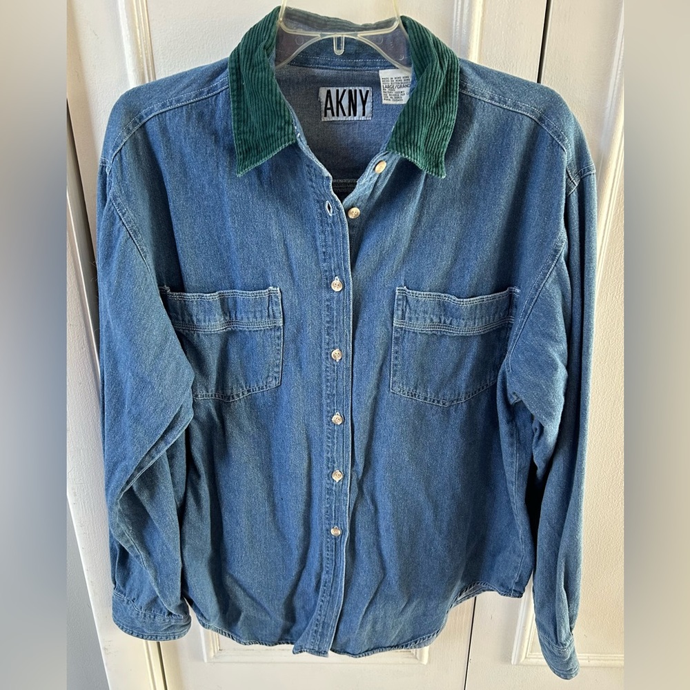AKNY Denim Jacket with buttons and dark green collar